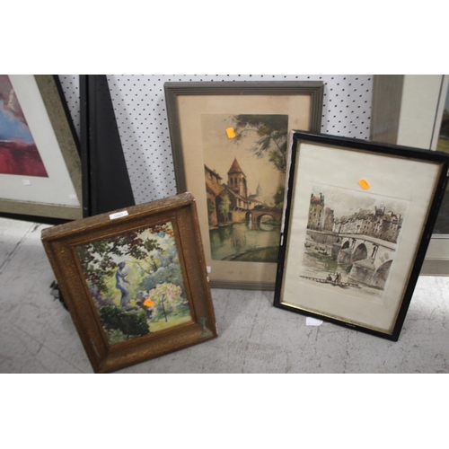1051 - Assorted French school- art pieces, approx 44cm x 20cm and smaller
