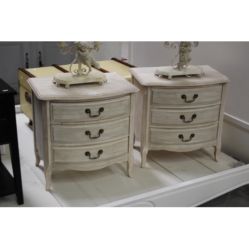 Pair of lime washed three drawer bedsides, each approx 54cm H x 55cm W x 40cm D (2)