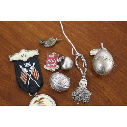 2370 - Selection of small items, to include 800 mark walnut box, silver pear box, Hermes silver tassel, bad... 