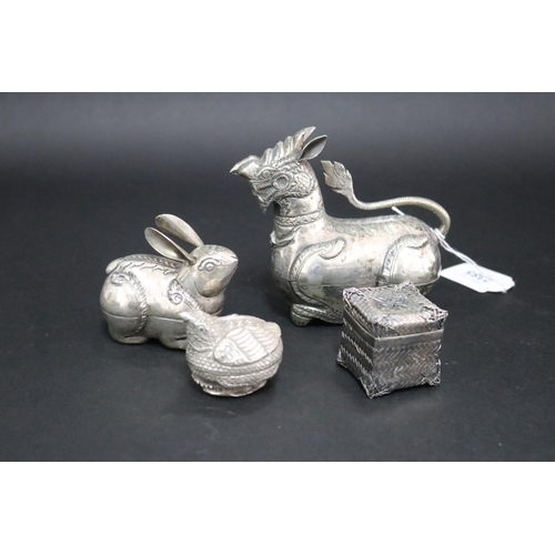 2385 - Four South East Asian silver boxes, rabbit, quail, woven box and another, approx 11cm H x 12cm W and... 