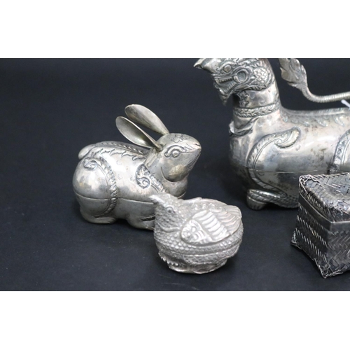 2385 - Four South East Asian silver boxes, rabbit, quail, woven box and another, approx 11cm H x 12cm W and... 