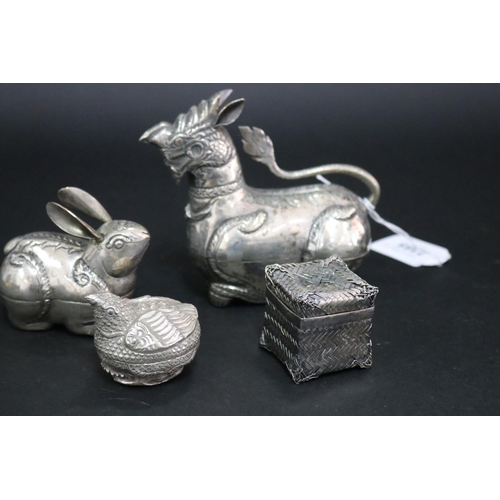 2385 - Four South East Asian silver boxes, rabbit, quail, woven box and another, approx 11cm H x 12cm W and... 