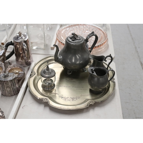 2263 - French tray with pewter service, approx 46cm W and smaller