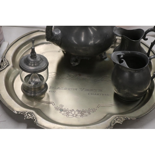 2263 - French tray with pewter service, approx 46cm W and smaller