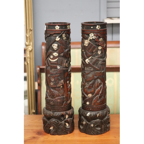 2397 - Pair of Meiji period tall carved bamboo brush pots depicting two warring Samurais on horseback. Bone... 