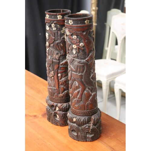 2397 - Pair of Meiji period tall carved bamboo brush pots depicting two warring Samurais on horseback. Bone... 