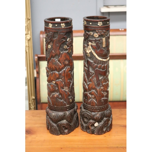 2397 - Pair of Meiji period tall carved bamboo brush pots depicting two warring Samurais on horseback. Bone... 