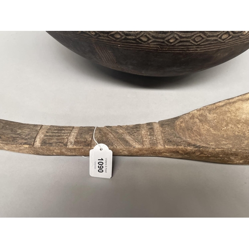 2440 - Tribal bowl and large spoon, bowl approx 18cm H x 43cm dia & spoon approx 72cm L (2)