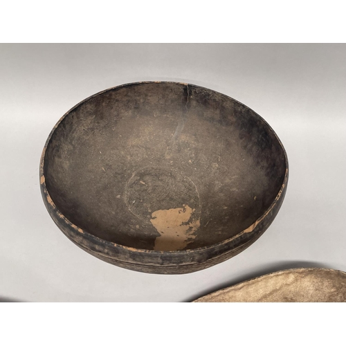 2440 - Tribal bowl and large spoon, bowl approx 18cm H x 43cm dia & spoon approx 72cm L (2)