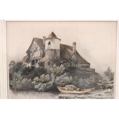 1266 - Antique French hand coloured engraving of a chateau, 43 cm x 50 cm including frame