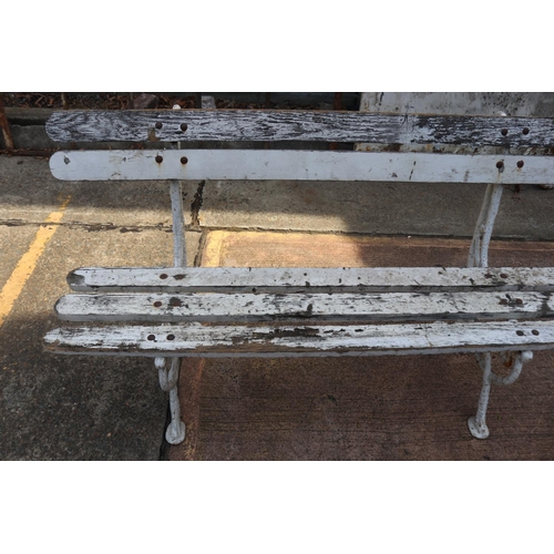 24 - Antique French garden bench, with iron frame & wooden slat seat & back, approx 139cm W