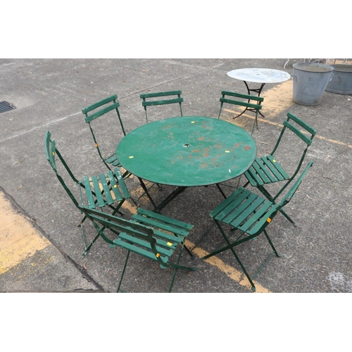 27 - Vintage French green painted garden suite to include circular garden table with a set of seven woode... 