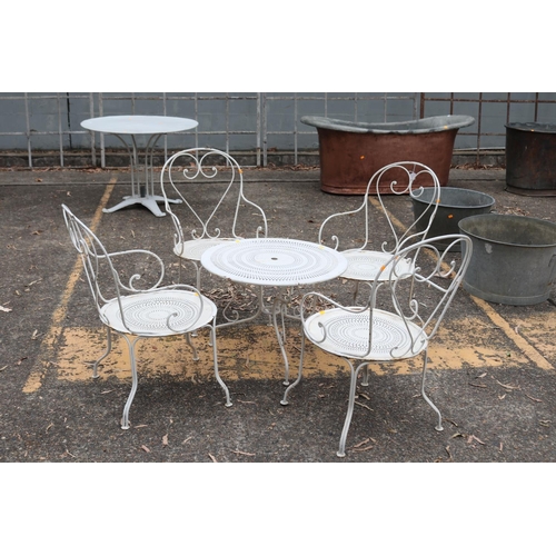28 - Vintage French white painted garden suite, to include small low table & a set of four chairs, with h... 