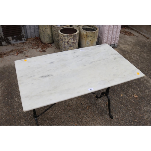 29 - French marble topped bistro table with black painted iron frame, approx 72cm H x 100cm W x 60cm D