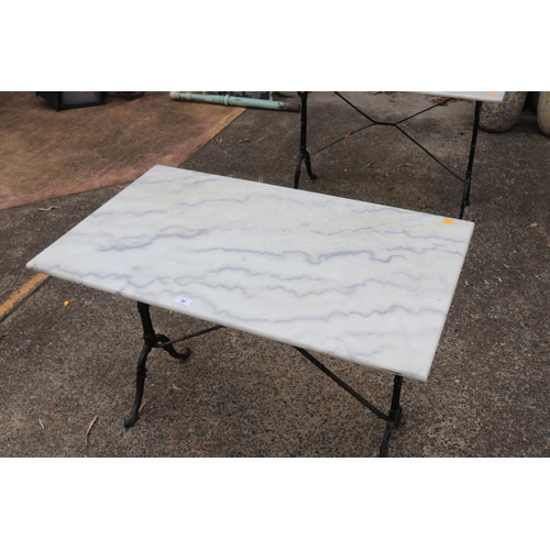 30 - French marble topped bistro table with black painted iron frame, approx 72cm H x 100cm W x 60cm D