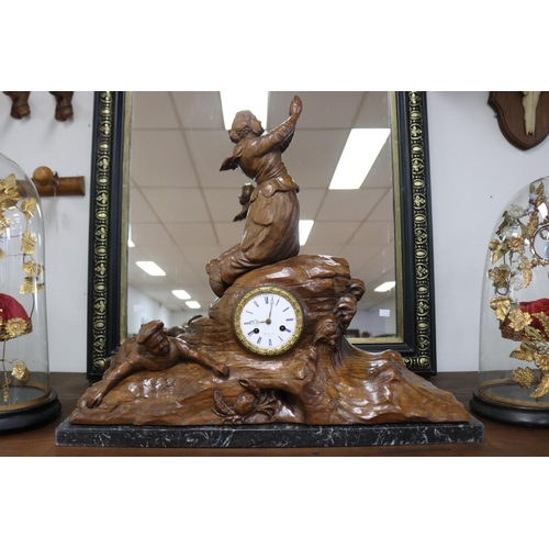 290 - Antique French carved solid wood figural mantle clock with a seaside motif, movement marked Bellevil... 