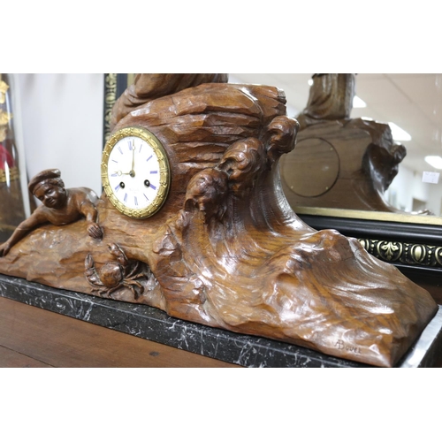 290 - Antique French carved solid wood figural mantle clock with a seaside motif, movement marked Bellevil... 