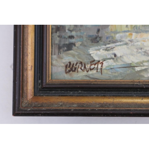 303 - Burnett, two oils on canvas, street scenes, both signed lower left, each approx 30cm x 38cm (2)