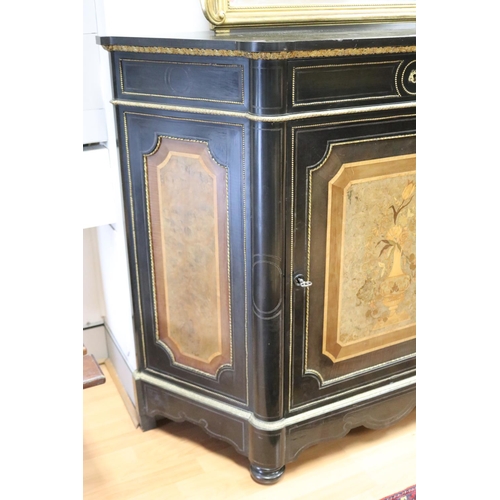 350 - Fine French ebonized canted side credenza, with floral marquetry inlaid panels, single drawer above,... 