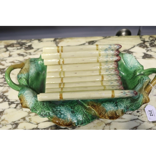 212 - Antique French majolica twin handled asparagus cradle, approx 39cm W x 25cm D