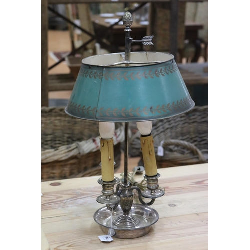 215 - French Empire Revival three light briolette lamp with toleware shade, approx 49cm H x 28cm W