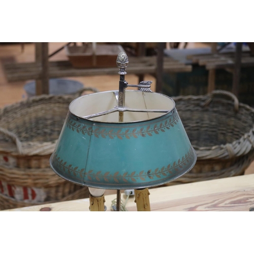 215 - French Empire Revival three light briolette lamp with toleware shade, approx 49cm H x 28cm W