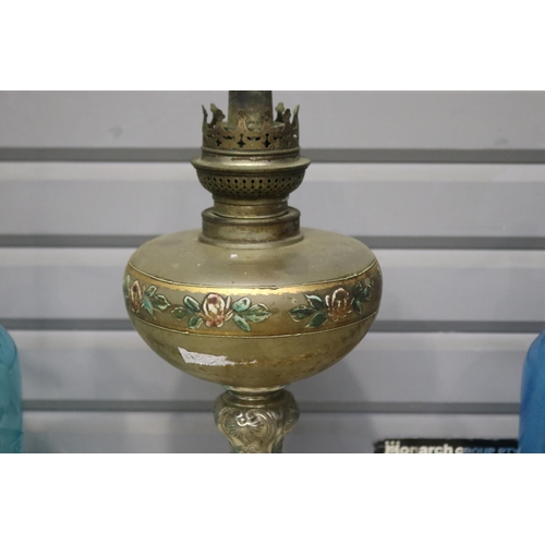 228 - Antique French oil lamp with painted reservoir and plated base, approx 36cm H