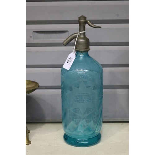 229 - Vintage French blue glass soda siphon, marked Brasseries De La Meuse, approx 32cm H