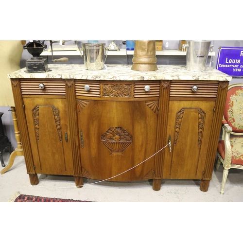 235 - Vintage/antique French Art Deco buffet, marble top split in half, approx 98cm H x 172cm W x 60cm D