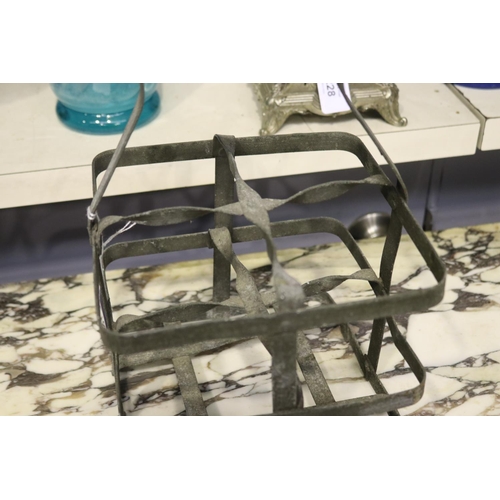 238 - Antique French gal metal four bottle basket, approx 30cm H including handle x 20cm Sq