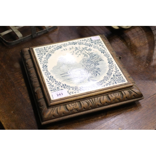 243 - Antique French musical tile wood surround table pot plateau, approx 6cm H x 28cm Sq