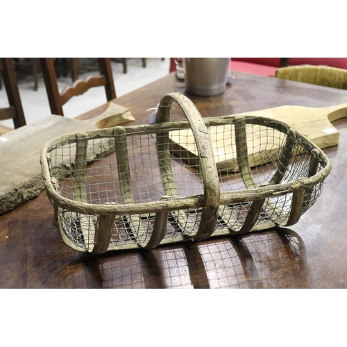 244 - Vintage French wood & wire work flower pickers basket, approx 20cm H excluding handle x 60cm W x 35c... 