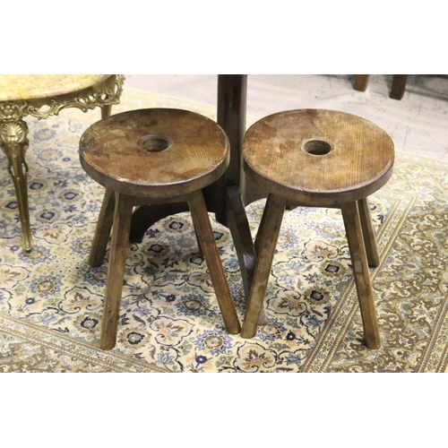 247 - Small antique French rustic pedestal table and two small stools, approx 73cm H x 51cm Dia and smalle... 