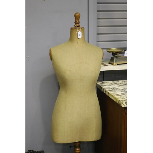 250 - Antique French dressmakers female mannequin on tri leg support base, approx 160cm H