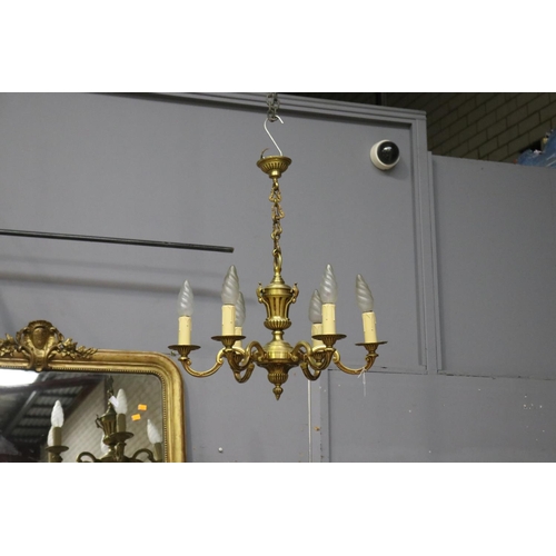 255 - Vintage French brass six light chandelier, approx 75cm H including chain