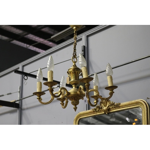 255 - Vintage French brass six light chandelier, approx 75cm H including chain