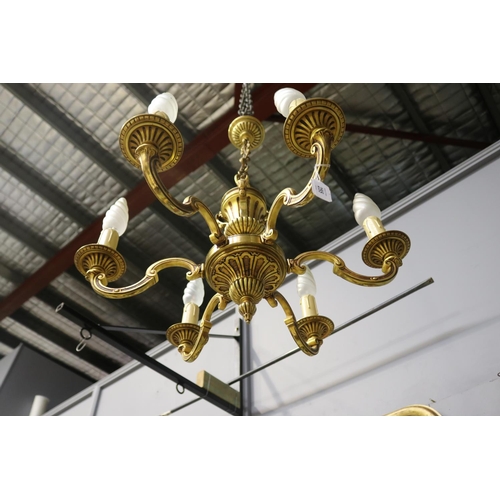 255 - Vintage French brass six light chandelier, approx 75cm H including chain