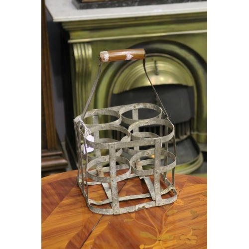 280 - Antique French gal metal four bottle basket, approx 34cm H including handle x 21cm Sq