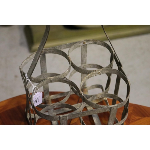 280 - Antique French gal metal four bottle basket, approx 34cm H including handle x 21cm Sq