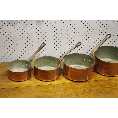 281 - Set of French copper saucepans, approx 9cm H x 21cm Dia ex handle and smaller