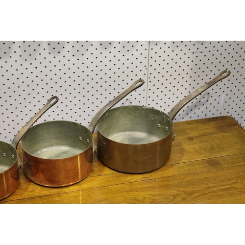 281 - Set of French copper saucepans, approx 9cm H x 21cm Dia ex handle and smaller