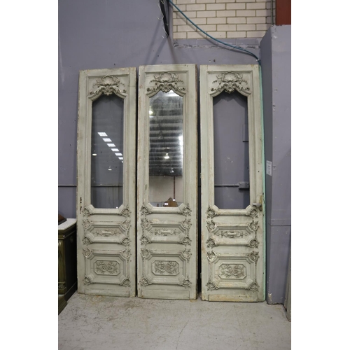 291 - Set of three antique French Louis XV salon doors, two with mirrored panels, applied cast plaster mou... 