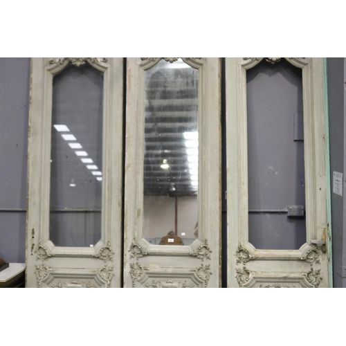 291 - Set of three antique French Louis XV salon doors, two with mirrored panels, applied cast plaster mou... 