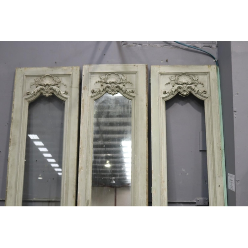 291 - Set of three antique French Louis XV salon doors, two with mirrored panels, applied cast plaster mou... 