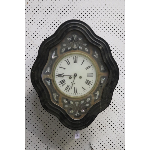 295 - Antique French bakers clock with mother of pearl inlay, untested, has key and pendulum, approx 61cm ... 
