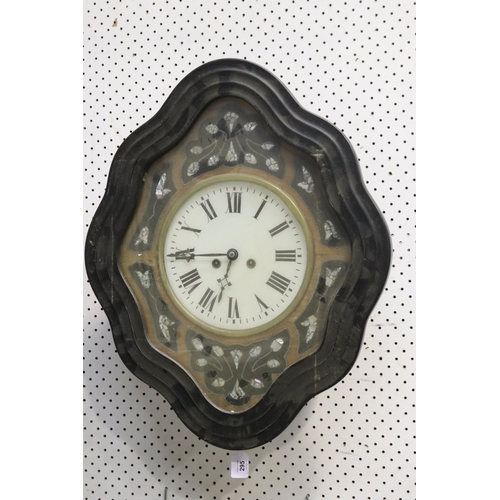 295 - Antique French bakers clock with mother of pearl inlay, untested, has key and pendulum, approx 61cm ... 