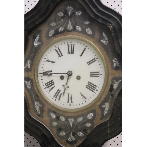 295 - Antique French bakers clock with mother of pearl inlay, untested, has key and pendulum, approx 61cm ... 