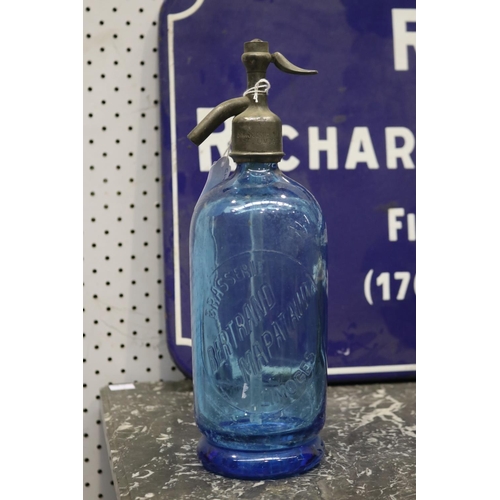 320 - Vintage French blue glass soda siphon, marked Brasserie Bertrand Mapataud Limoges, approx 30cm H