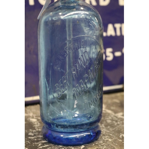 320 - Vintage French blue glass soda siphon, marked Brasserie Bertrand Mapataud Limoges, approx 30cm H