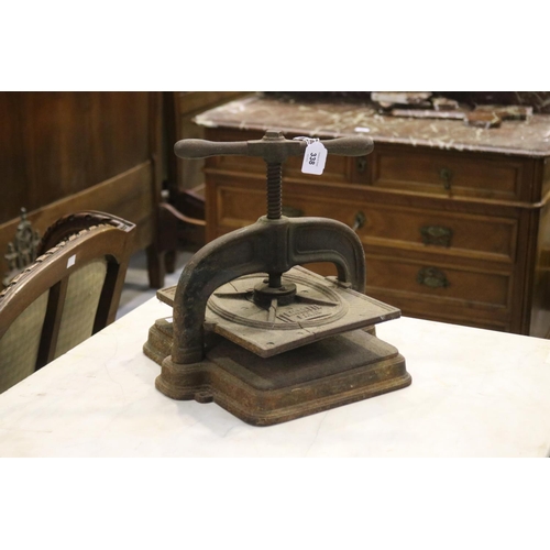 338 - Antique French cast iron book press, Paris makers mark, approx 35cm H x 35cm W
